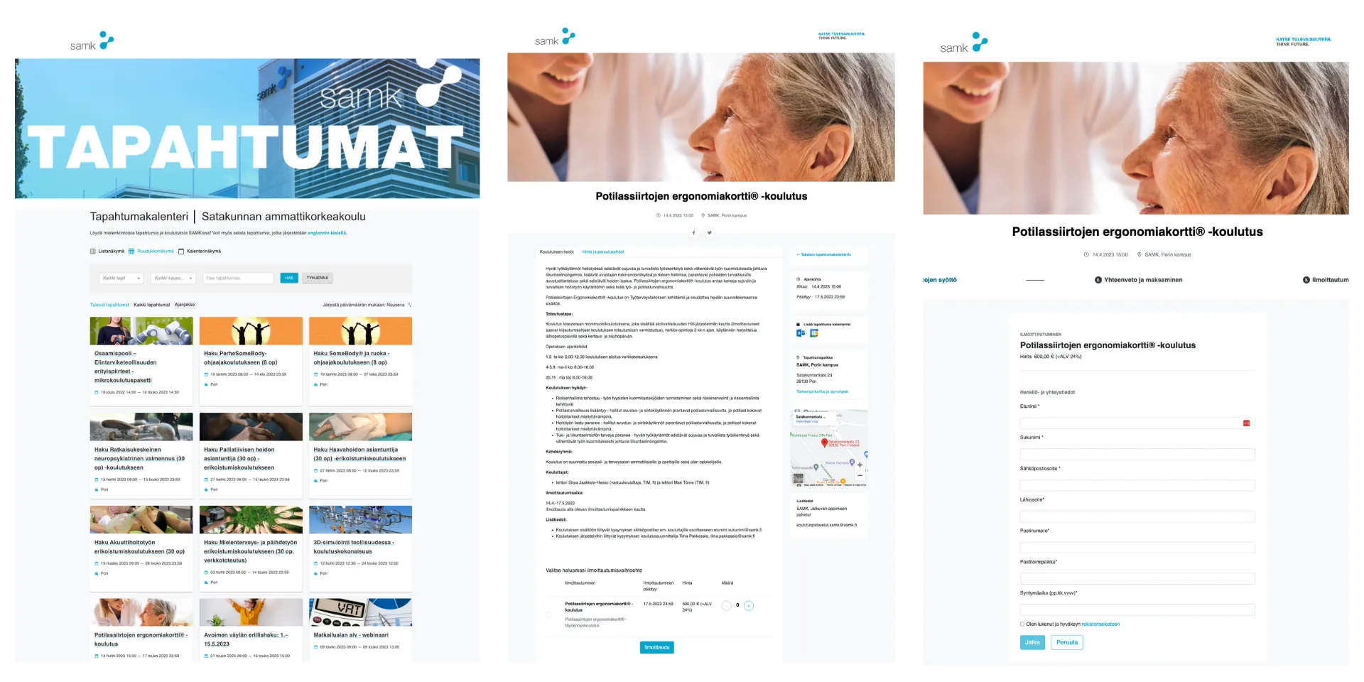 Ilmoittautumisprosessi kalenterista ilmoittautumislomakkeelle on visuaalisesti yhtenäinen.