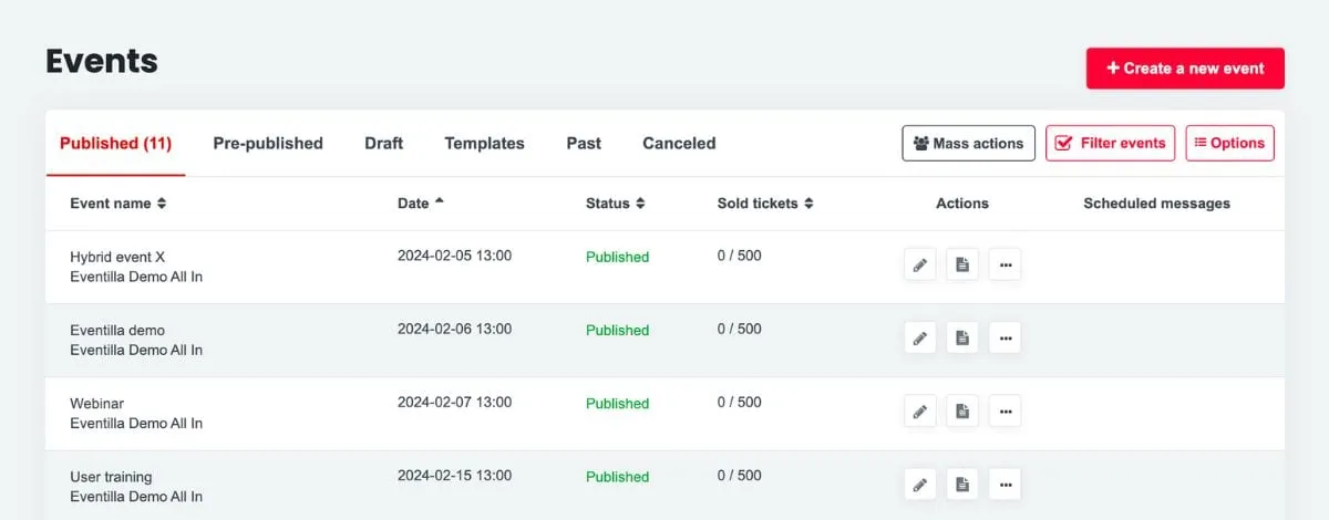 events listed in event management software